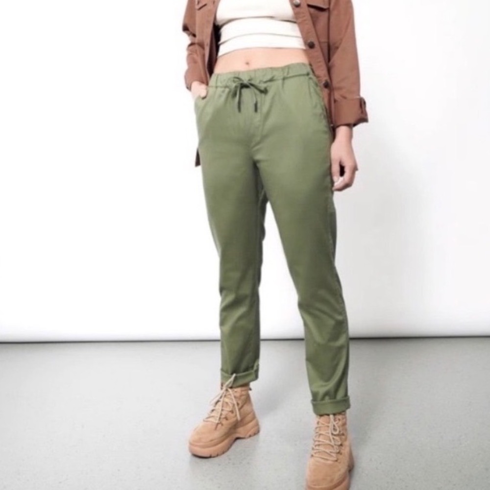 Wildfang Essential Drawstring Pants Womens L Green Straight Leg Ankle Minimalist